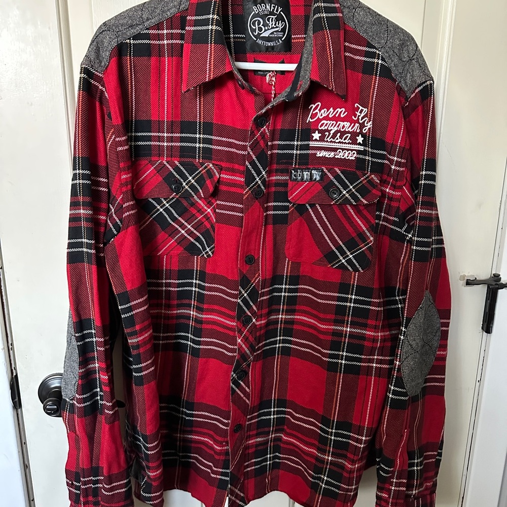 Born Fly Red Plaid Men's Shirt NWT 2XL